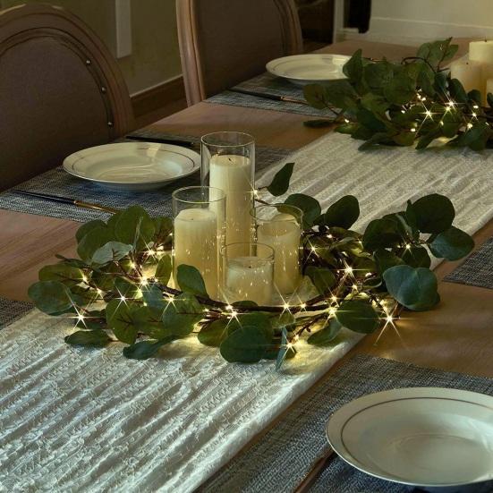 Opplyst Kunstig Grønt Kvister Ranke Girlander 96 Lyslenker 6FT Batteridrevet Ferdigpyntet Falsk Oliven-/Eukalyptusranke med Timer for Jul Vår