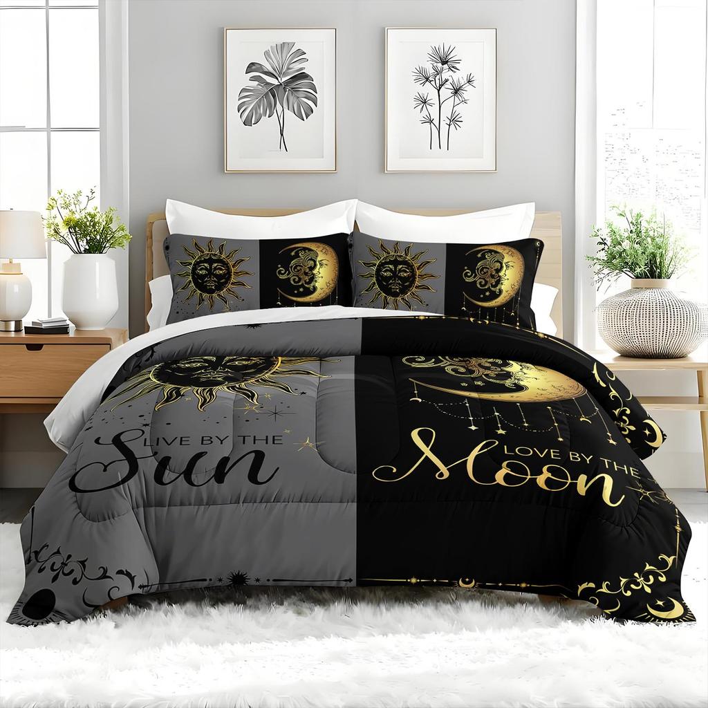 3PC Sun And Moon Celestial Bedding Set Astrology Duvet Cover with 2 Pillowcases Modern Bedroom Guest Room Decor