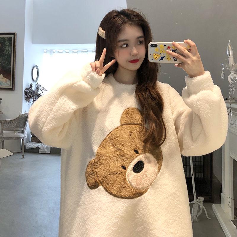 Korean Women's Winter Velvet Pajama Set - Cute Bear Coral Fleece Loungewear