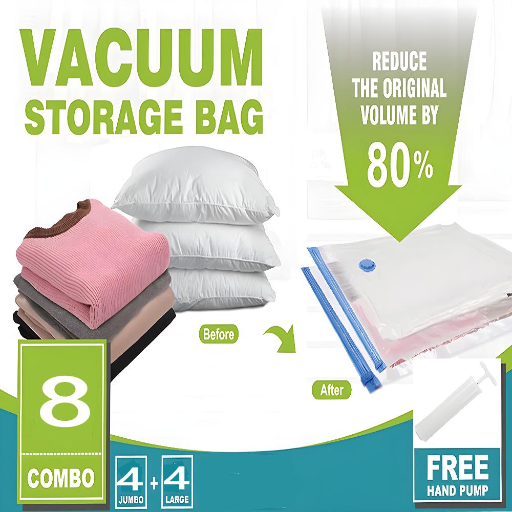 Vacuum Storage Bags with Hand Pump, Large Vacuum Seal Bags for Clothing Organizer Space Saver Bag for Travel Lugggage, Blankets