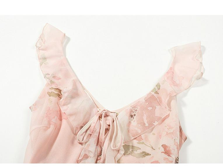 French Floral Print Dress, Spring/Summer 2026 – Elegant, Waist-Cinching, Slim-Fitting, Long Skirt.