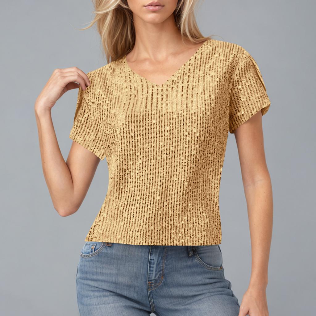 Women's Sequined Beaded V-neck Short-sleeved T-shirt