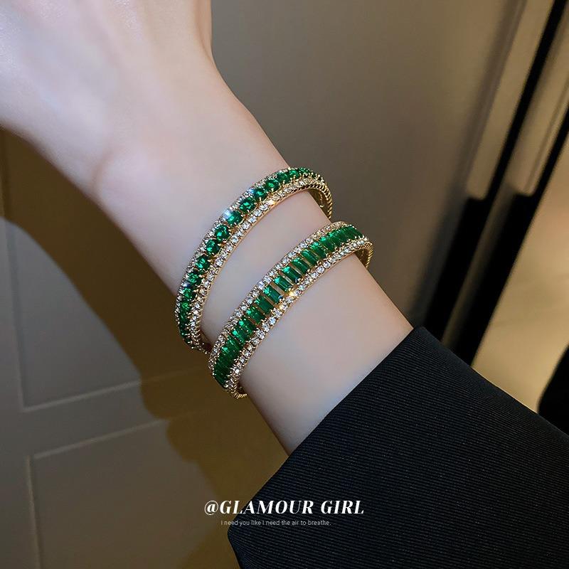 Emerald Square Diamond-set Open Bracelet, Fashion Temperament Bracelet, Ruili Style Exaggerated Design Sense, Personalized Jewelry Women