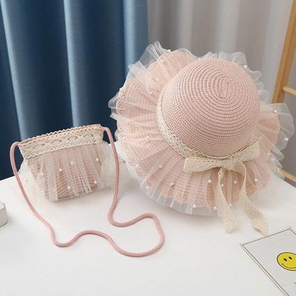 Baby-Mädchen Strohhut 3-6 Jahre Mädchen Sommer Strandhüte mit Schleife Perlen Sonnenschutzhüte für Kinder