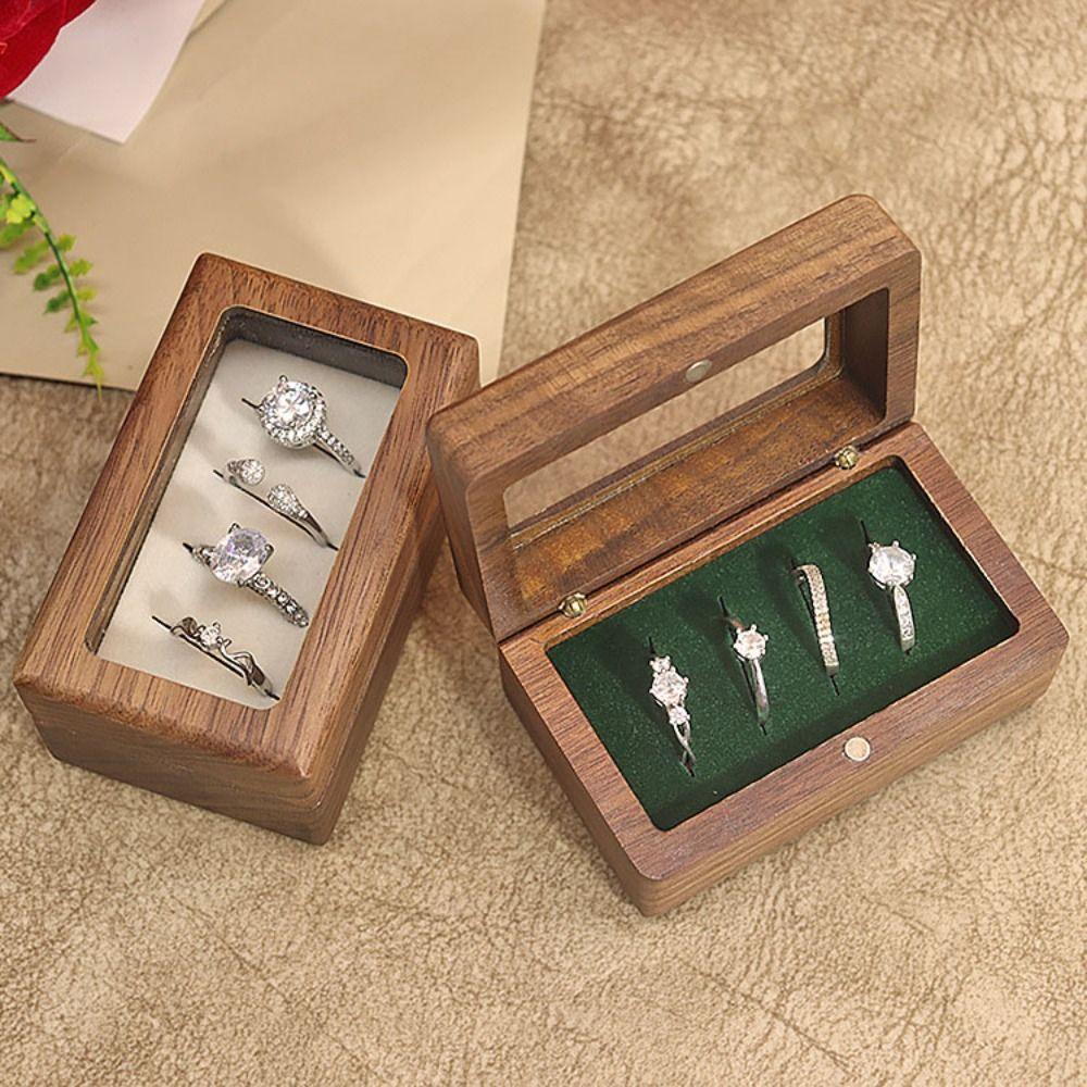 4 Slots Square Rings Holder Magnetic Cover Jewelry Ring Holder Gift Box Rings Bearer Box  Couples
