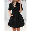 Women's Fashionable Solid Color Round Neck Bubble Short Sleeved Bohemian Pleated A-line Dress
