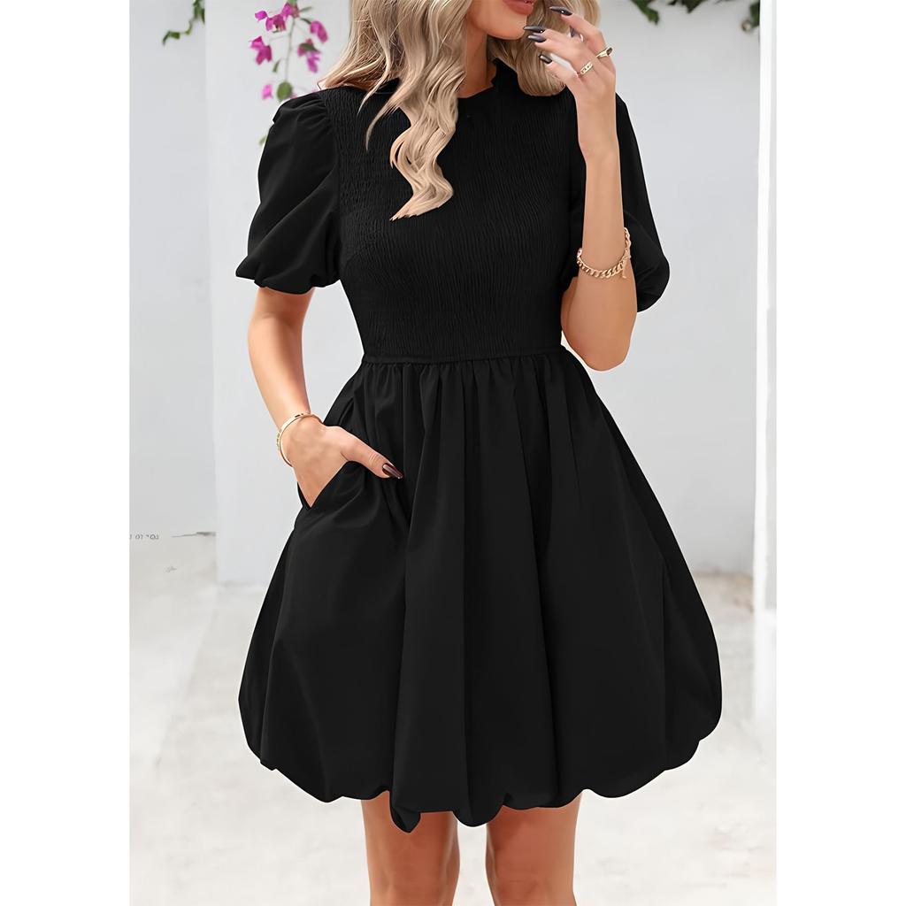 Women's Fashionable Solid Color Round Neck Bubble Short Sleeved Bohemian Pleated A-line Dress