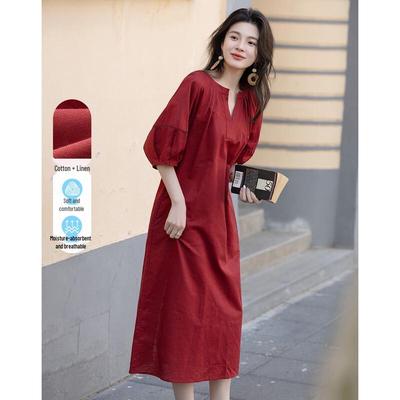 Vestido reto de verão Demana Petite em mistura de linho com gola redonda