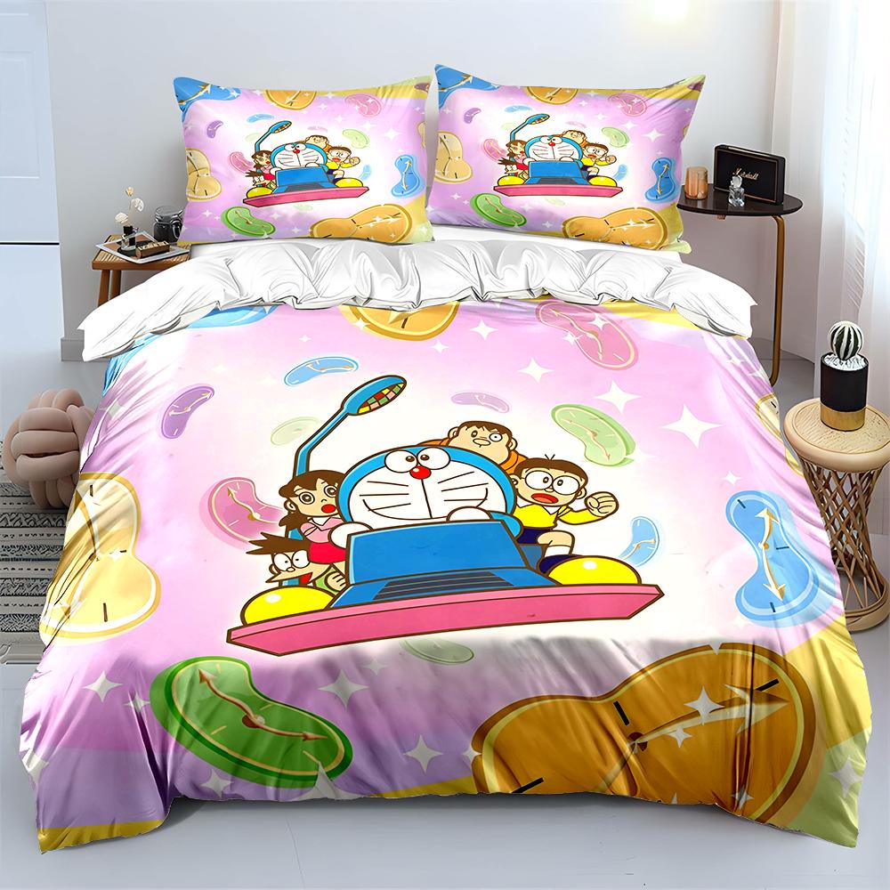 D-Doraemon mit Freunden Bedrucktes Bettwäscheset für Kinder Jungen Mädchen Neue 3D-Bedruckte Bettdecke Bettbezug Kissenbezug Schlafzimmer Dekor