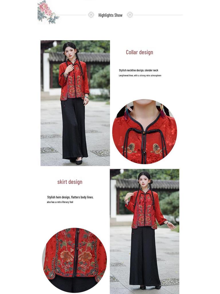 Herbst Retro Chinesischer Froschknopf Bestickte Langarm Tang Anzug Jacke für Damen.