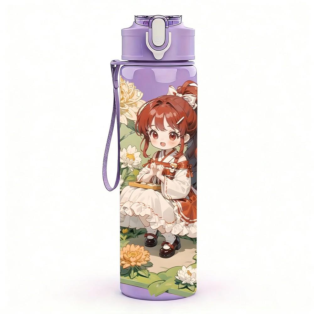 1PC Red Hair Girl Garden Floral Pattern 750ml Color Plastic Sports Water Bottle Leakproof Flip Straw Lid Suitable for Sports Office Home Use