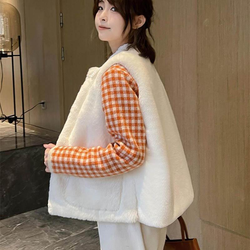 Fur Vest Female Winter Zipper Leisure Cotton Sleeveless Solid Color Top Coat Vest