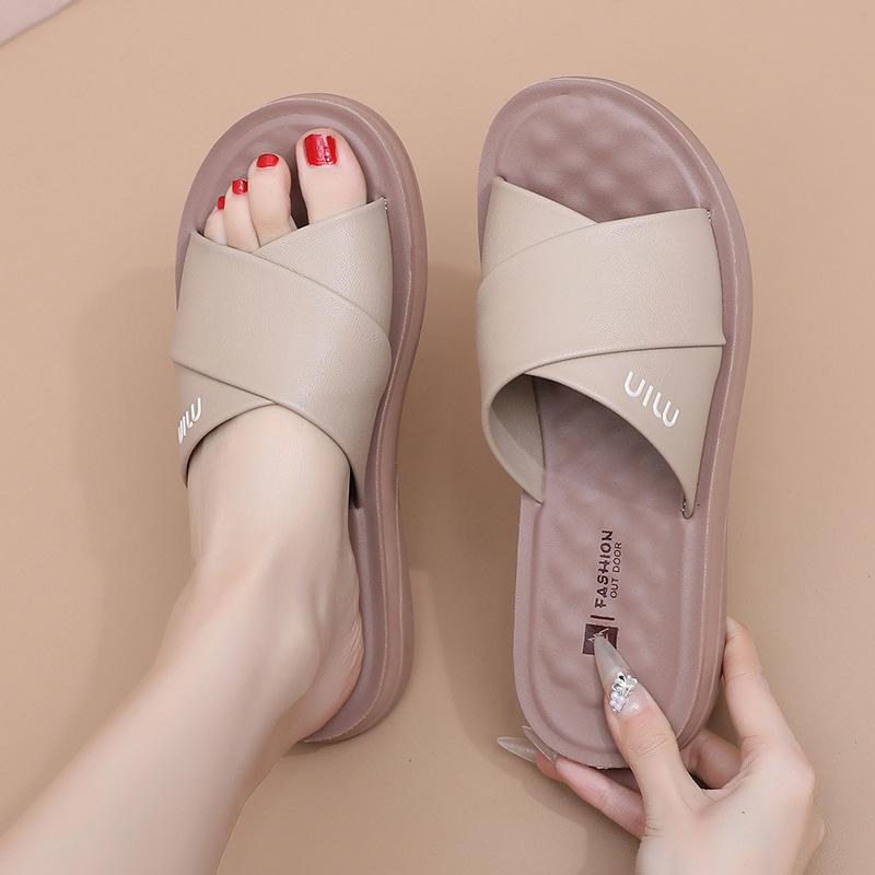 Ladies Summer Open Toe Wedge Sandals New Fashion Cross Strap Slippers Soft Bottom Non-slip Sandals Comfortable Flat Casual Shoes
