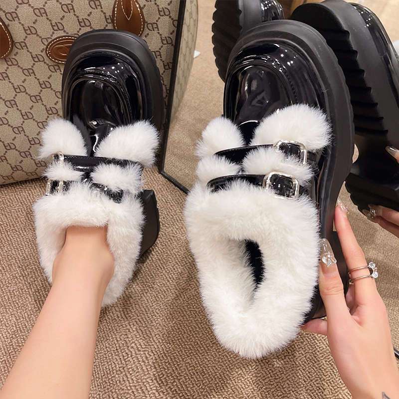Mary Jane small leather shoes women's British style 2025 autumn and winter new platform Internet celebrity warm fluffy cotton shoes