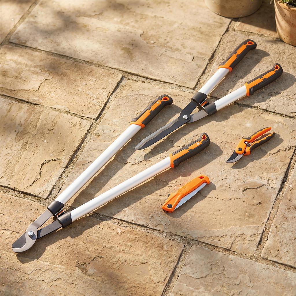 Garden Shears, Set of 4, Hedge Trimmer, Loppers, Pruners, Folding Saw, Aluminum Handle