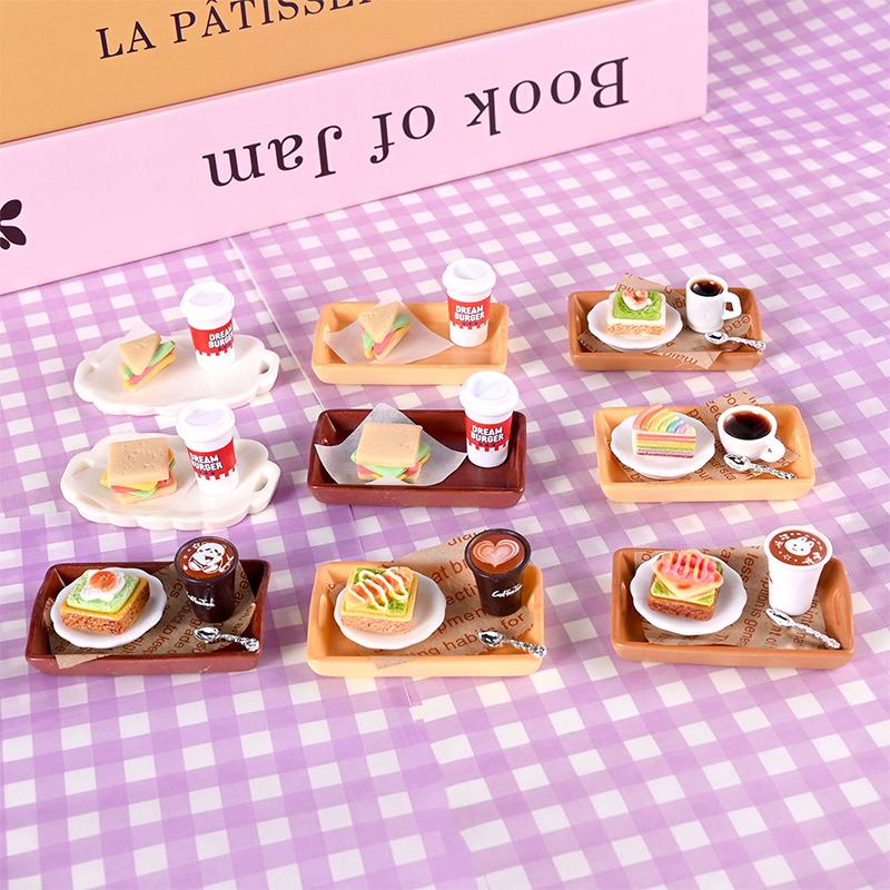 2set Pretend Play Toys 1/6 Scale Miniature Dollhouse Sumilation Mini Milk Tea Cake With Plate For Kid