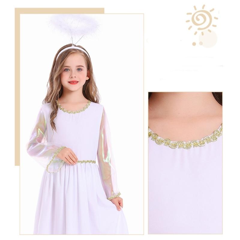 Elegant Long Sleeve Angel Dress With Gold Edging And Wing Attachments Costume Outfit Ideal For Stage Performances