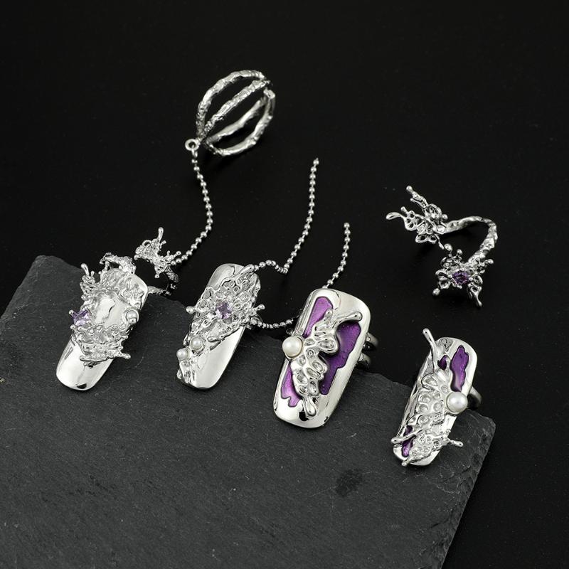 4/5Pcs Fingertip Ring Irregular Metal Silver Color Finger Ring Set Women Alloy Finger Cot Chain Nail Ring Party Jewelry