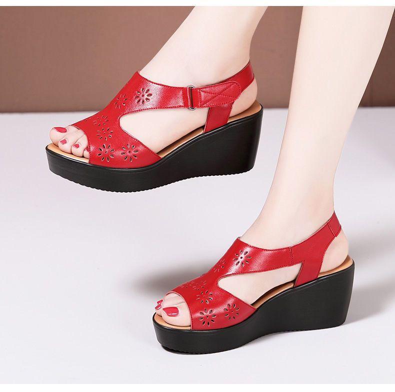 Real soft leather wedge heel sandals women's summer thick-soled fish mouth hollow waterproof table muffin soft-soled mother shoes Velcro