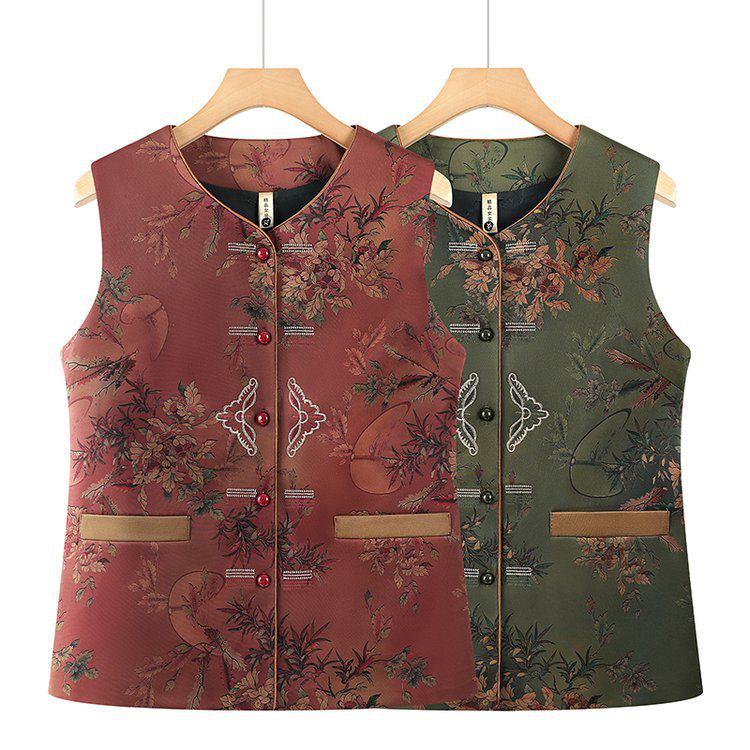 

Floral Sleeveless Warm Vest for Middle-Aged and Elderly Women - Plus Size Spring/Autumn XL зелений