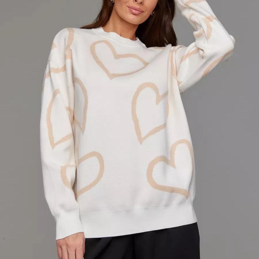 Осень и зима новый модный свитер с круглым вырезом Love Color женский свободный жаккардовый пуловер свитер женщина хаки