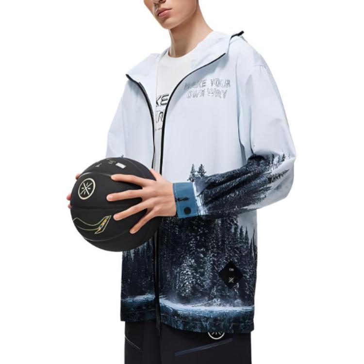 Li Ning Wade X Artist DFT Collaboration Series All Over Print Letter Zip Up Hoodie Men Jacket White AFDT773-1