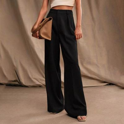 Yousheng Women Pants High Waist Button Zipper Closure Straight Wide Leg Long Trousers with Pockets Solid Color Commuting Style Pants