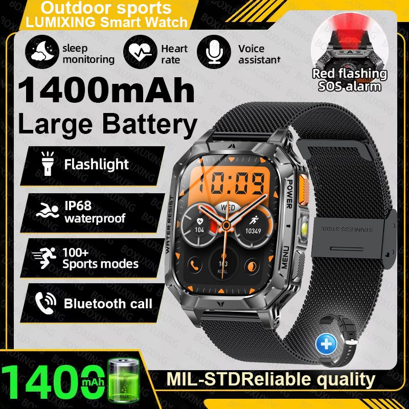 Military outdoor Smart Watch Fitness Clock Men 2.01 inch AMOLED Screen 1400mAh Battery Flashlight HD Call Waterproof Smartwatch
