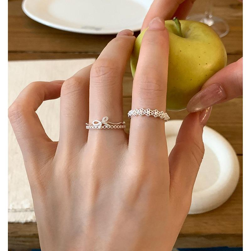 Light Luxury Zircon Bow Flower Pearl Opening Ring Women's Fashion Simple Index Finger Ring Niche High-end Ring