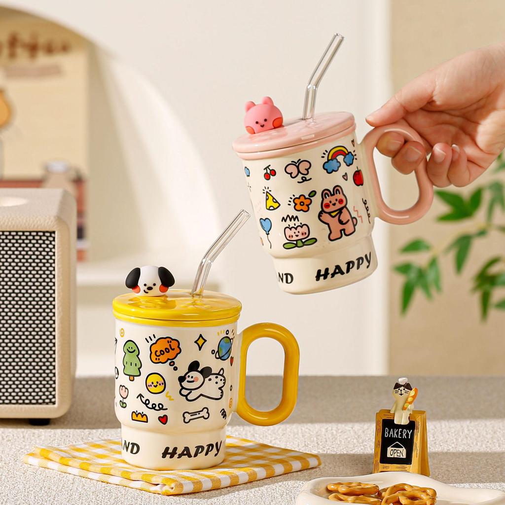 Adorable Cartoon Ceramic Mug with Lid - Perfect for Girls, Couples, Coffee, and Water - Ideal Birthday Gift