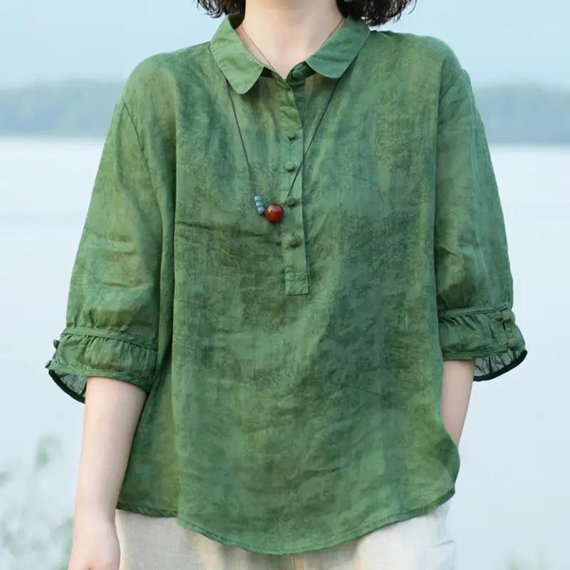 Women's Shirt Half Sleeve Lapel Loose Fit Thin Shirt Tops Buttons Neckline Pullover Tops Jacquard Print Solid Color