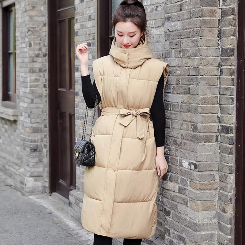 Autumn Winter Female Long Puffer Vest Sleeveless Down Cotton Coat 2026Women Long Waistcoat Korean Hood Puffer Vest Parkas Jacket