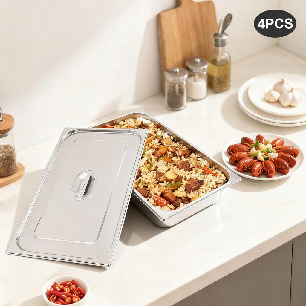 4-Pack 201 Stainless Steel Steam Table Pans with Lids, 2.38 Gal Food Pans 21 Inch Hotel Pan for Catering, Buffet, Restaurant & Home Kitchen