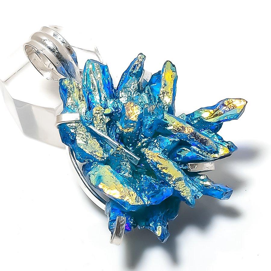 Blue Titanium Druzy Gemstone Handmade 925 Sterling Silver Pendant 1.85" G4s78