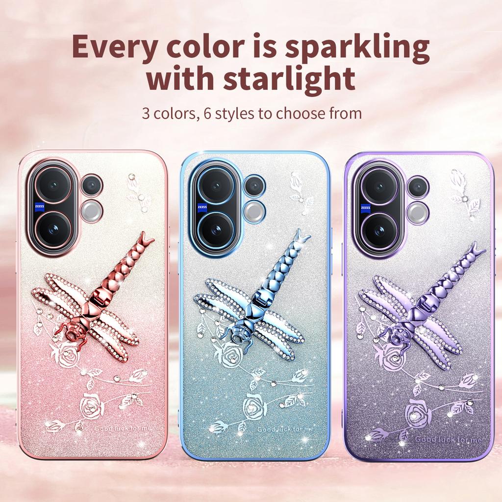 For Vivo V60 5G Case Dragonfly Kickstand TPU Flowers Glitter Phone Cover