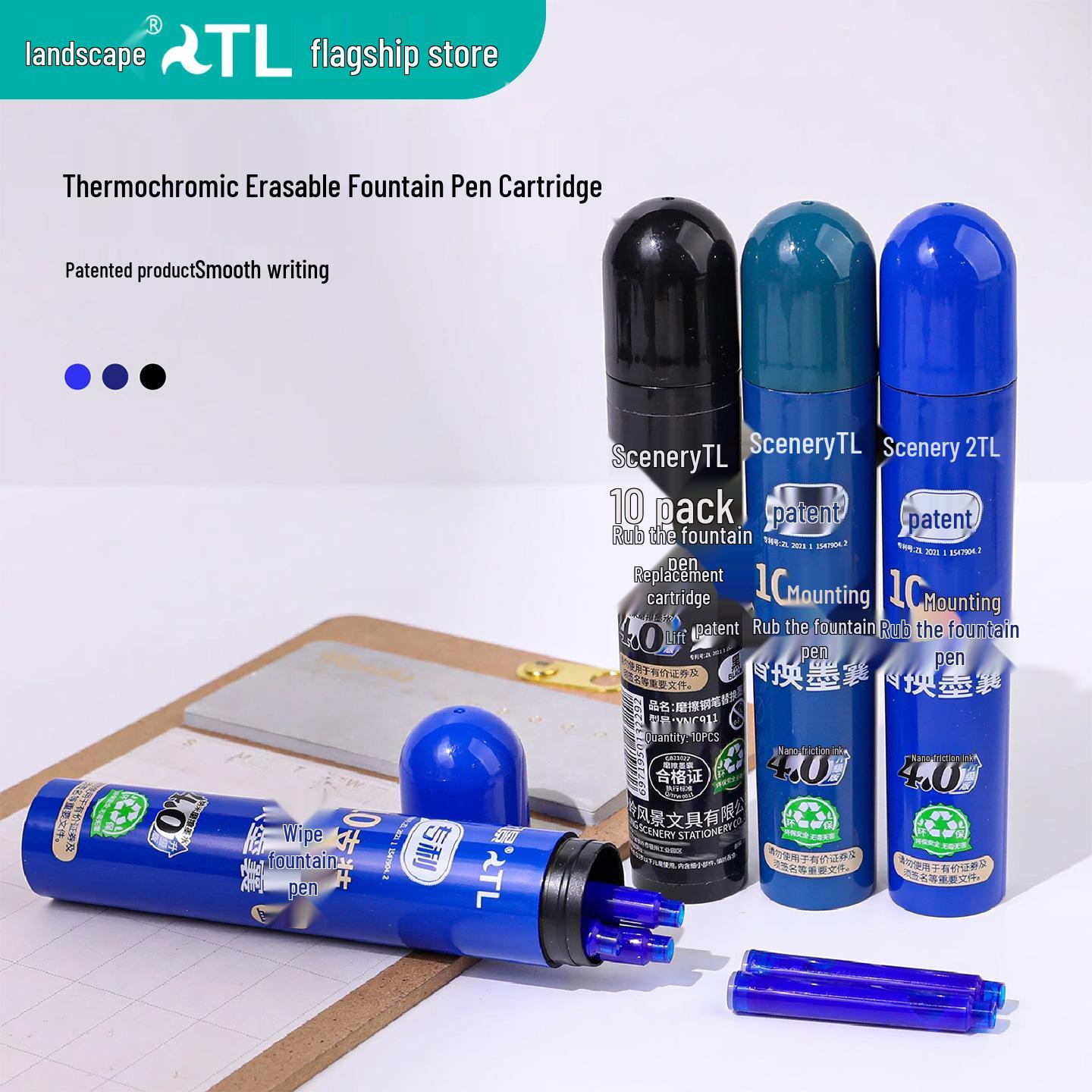 Scenery Thermal Erasable Fountain Pen Refill, 3.4mm Caliber, Crystal Blue, Pack of 10. Crystal Blue