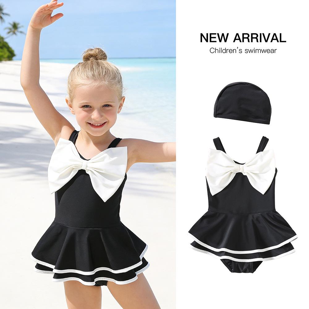 Children's Bowknot One-Piece Swimsuit & Swim Cap – Quick-Drying Dress Style for Toddler Girls