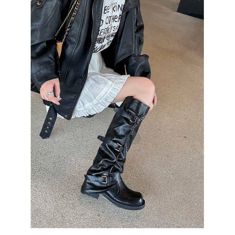 thick-soled thick-heeled medium tube pants tube boots women's new autumn western cowboy slim big tube circumference high tube Martin boots