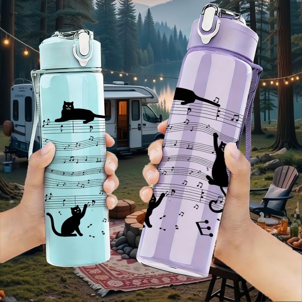 1PC Cat On Musical Staff Note Sketch Print 750ml Color Plastic Sports Water Bottle Leakproof Flip Straw Lid Suitable for Sports Office Home Use