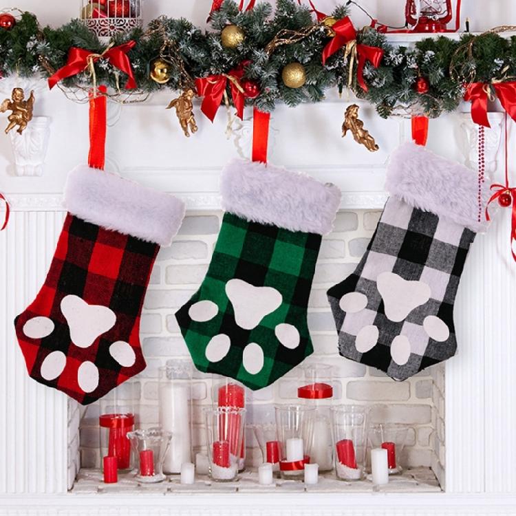 Christmas Cute for Cat Paw Plaid Tree Stocking Family Gather Party Decor