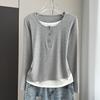 Fake Two-Piece Long Sleeve T-Shirt Loose Slim Base Top For Early Autumn Stretchy Slim Base Layer Soft Ribbed Fabric Good For Inner And Outer Wear Top
