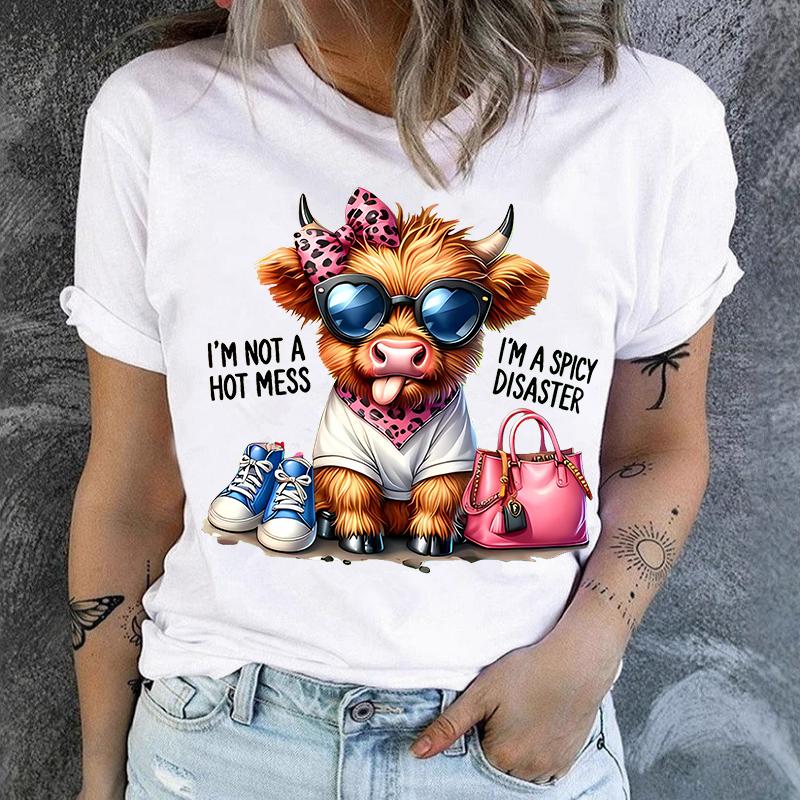 Polyester 100% Couple's Funland Cow Pattern T-shirt Print Fashion Casual Round Neck Short Sleeve Top for Stylish Comfort  Summer