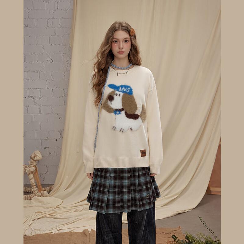 UNIFREE Korean Style Dog Pattern Round Neck Knit Sweater