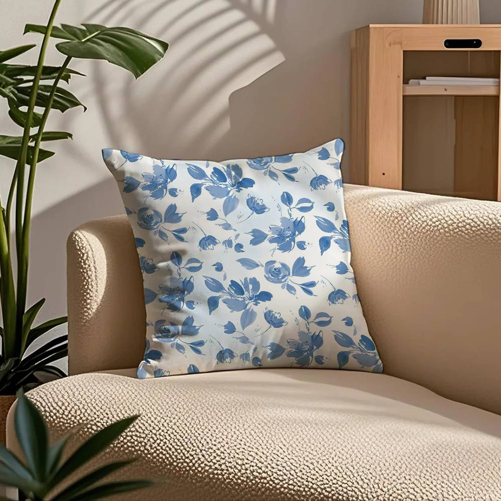 E-Elegant Blue Floral Anime Pillow Case Comfort Sofa Bed Silky Elegant Invisible Zipper Custom Decorative Cushion Cover