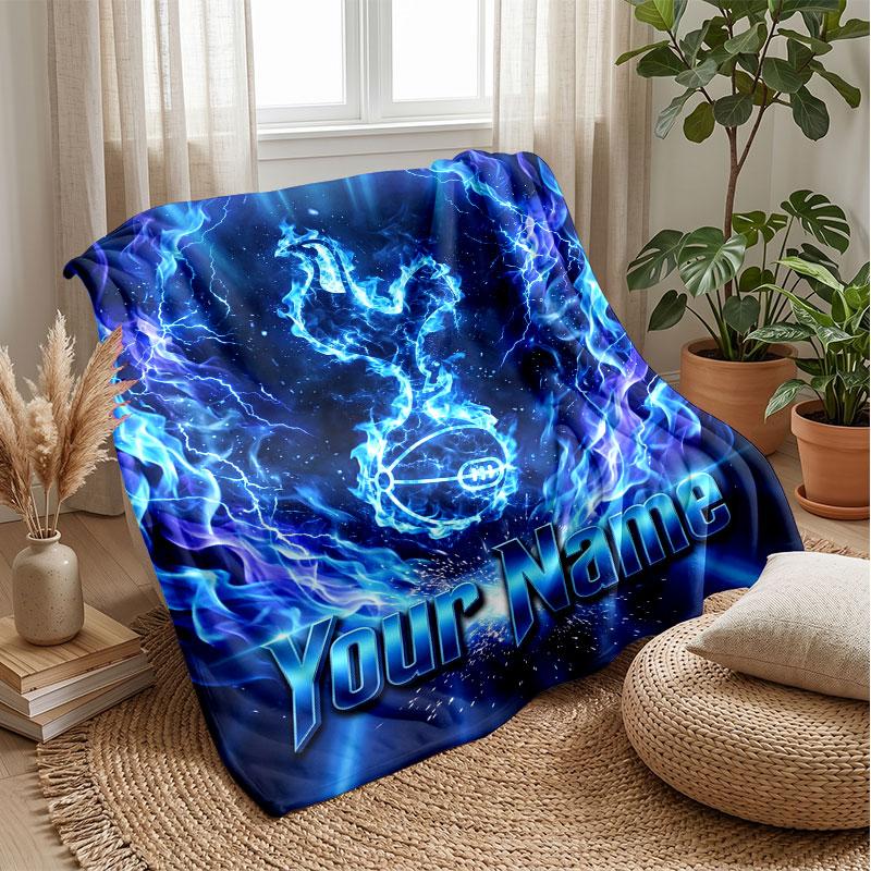 Tottenham Hotspur FC Custom Name Text Flannel Blanket Soccer Logo Personalized Fleece Throw Blanket Special Gift For Sofa Bedroom Home