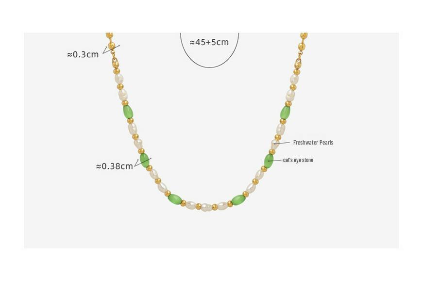 Trendy Thai Green Cat's Eye & Freshwater Pearl Beaded Necklace in Titanium Steel