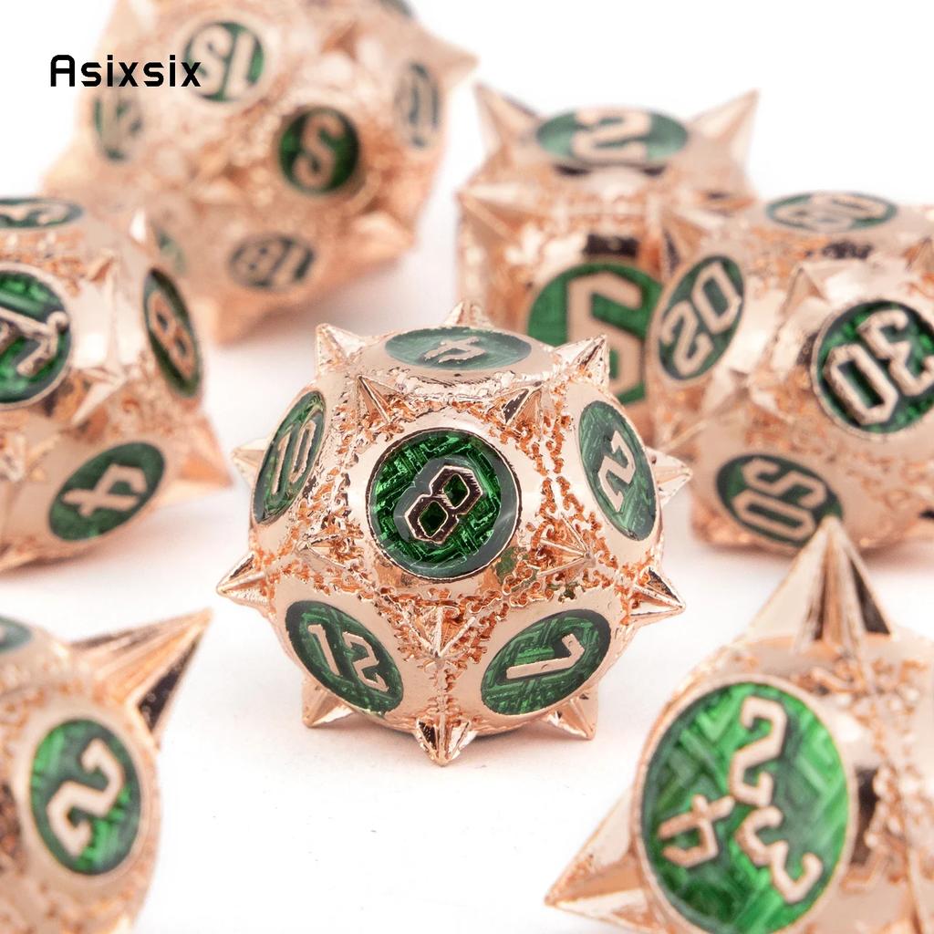 7 Pcs Copper Green Meteor Hammer Metal Dice Solid Metal Polyhedral Dice Set Suitable For Role-Playing Dice PropBoard Game Gift