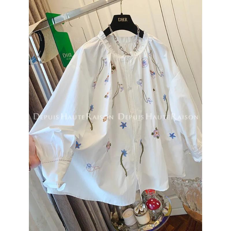 

Women s White Floral Embroidery Blouse Ruffled Neck Loose Fit Casual Button-Down Shirt L білий