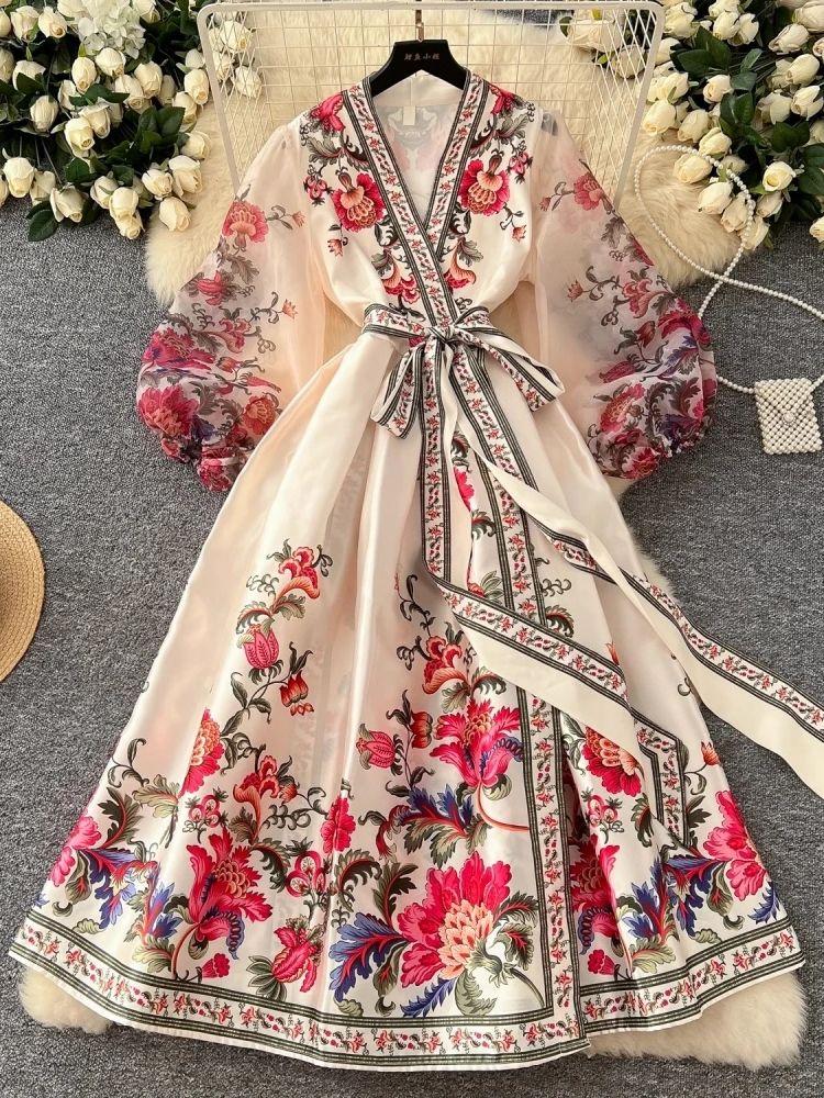 

Великолепное шифоновое платье с цветочным принтом и рукавами-фонариками, бандажное платье со шнуровкой и запахом, женское платье с крестообразным V-образным вырезом, плотная атласная одежда для вечеринок в стиле бохо XXXL бежевый