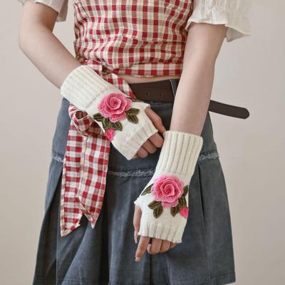 Women's Floral Woolen Fingerless Gloves - Warm, Stylish Sleevelets for Autumn & Winter